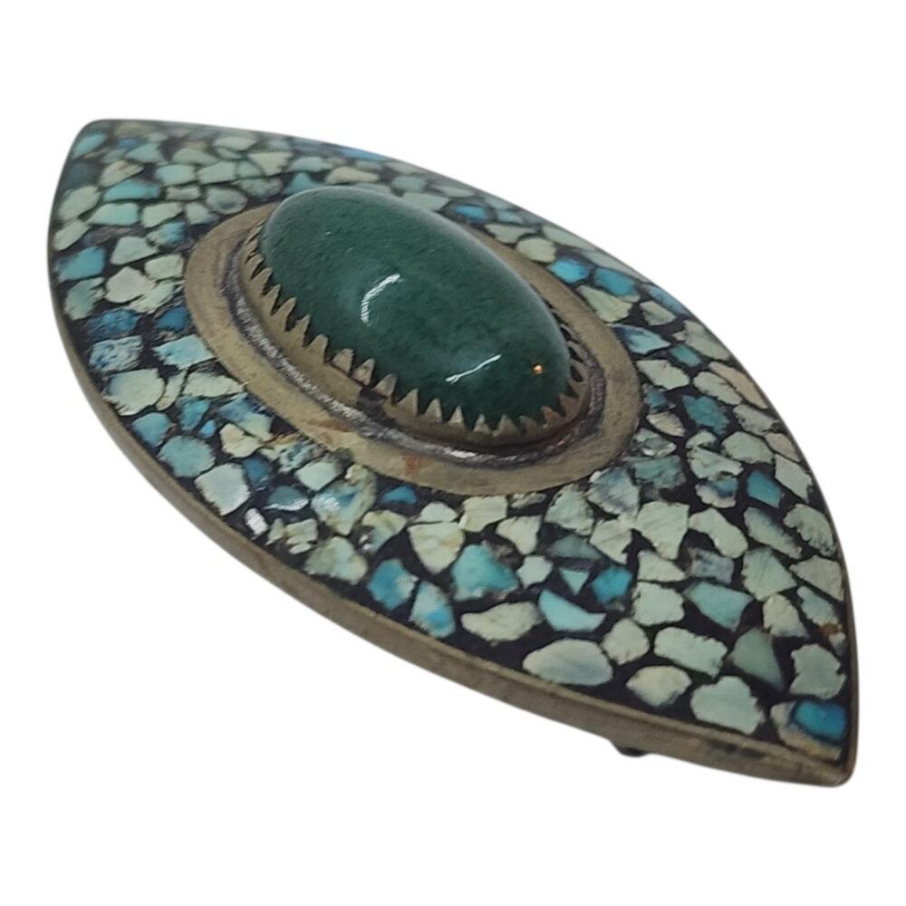 Antique Jadeite & Turquoise Mosaic Evil Eye Brooch Pin Marquise C Clasp Estate